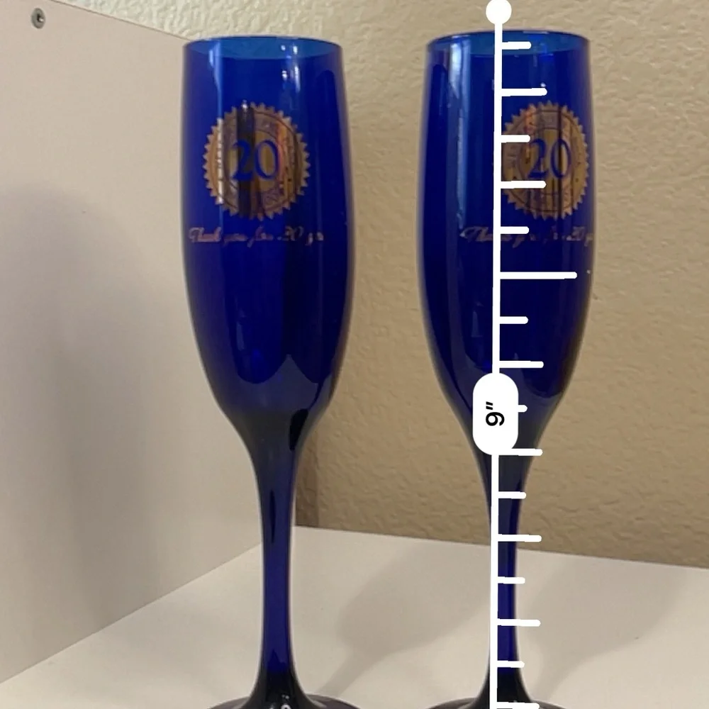 Western Sierra Bank 20th Anniversary Cobalt Blue Champagne Flutes Set of 2
